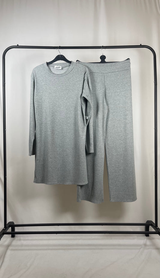 GREY RIBBED LONG SLEEVE BELTED CO ORD SET