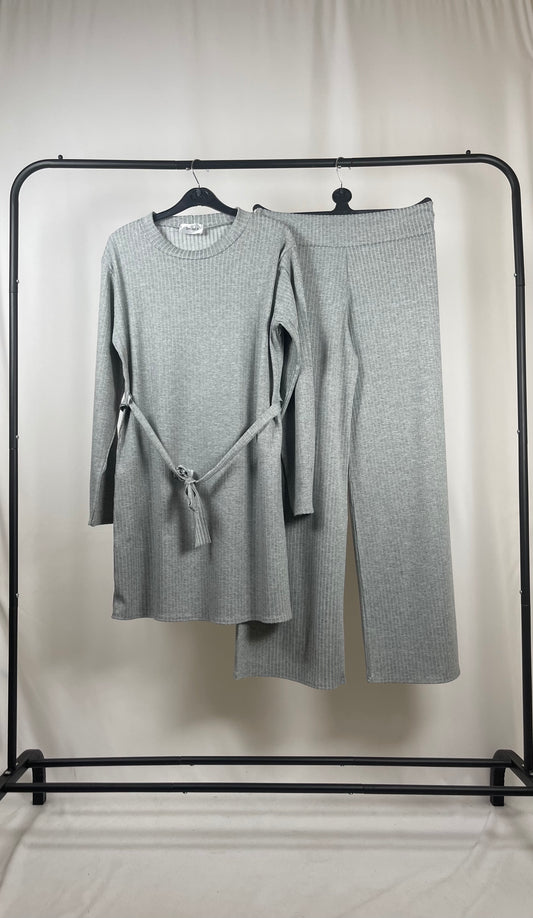 GREY RIBBED LONG SLEEVE BELTED CO ORD SET