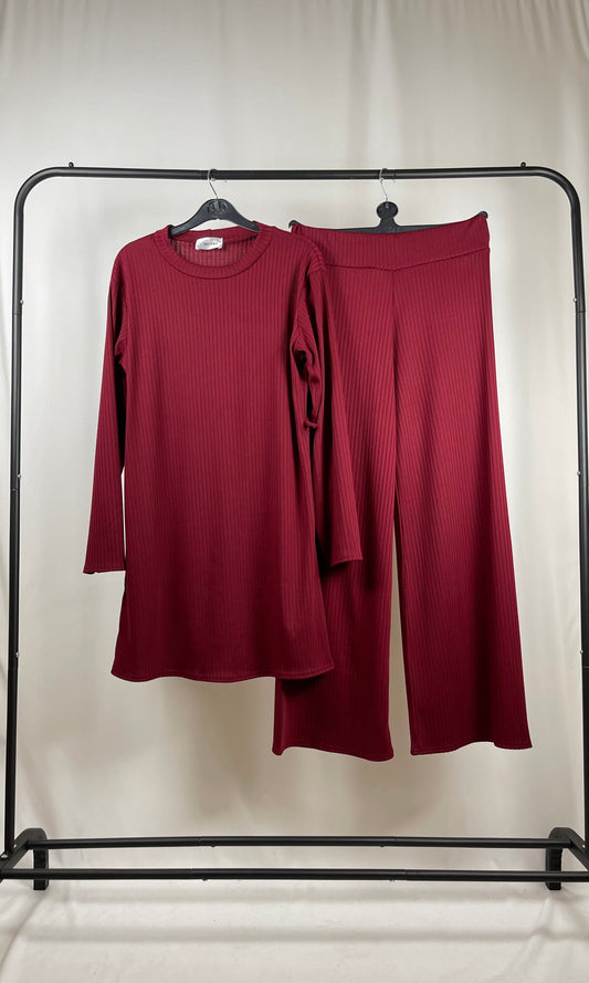 WINE RIBBED LONG SLEEVE BELTED CO ORD SET