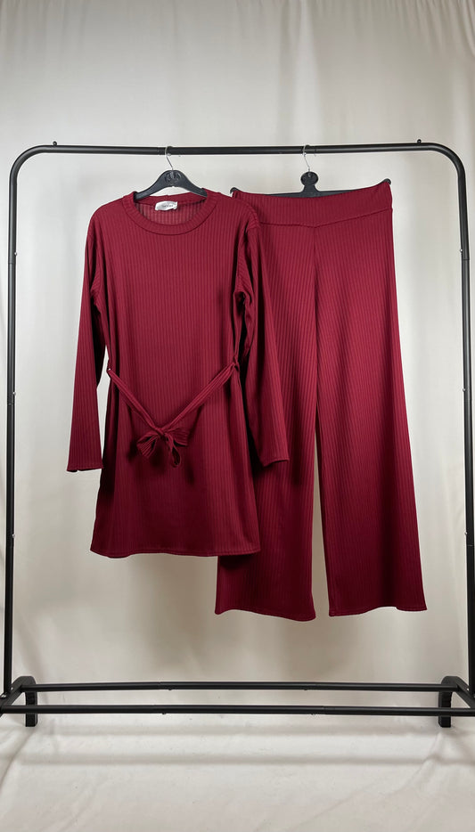 WINE RIBBED LONG SLEEVE BELTED CO ORD SET