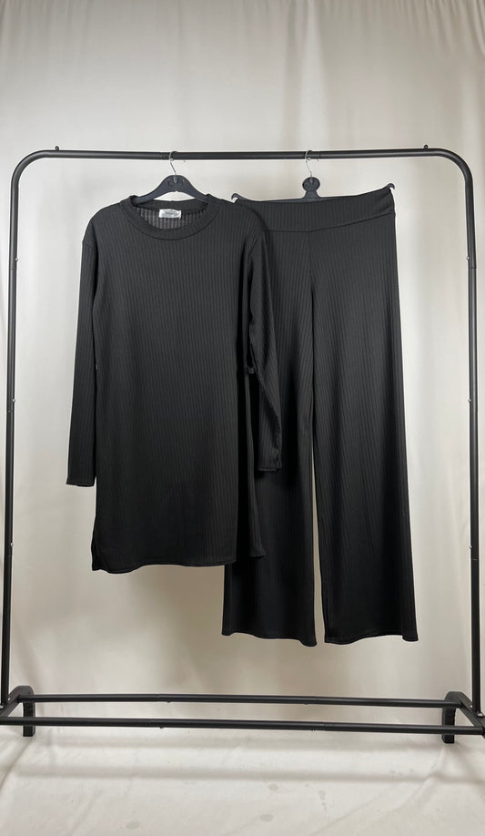 BLACK RIBBED LONG SLEEVE BELTED CO ORD SET
