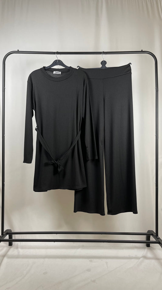 BLACK RIBBED LONG SLEEVE BELTED CO ORD SET