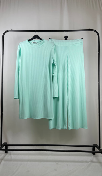 BLUE RIBBED LONG SLEEVE BELTED CO ORD SET