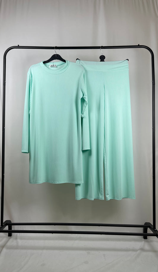BLUE RIBBED LONG SLEEVE BELTED CO ORD SET
