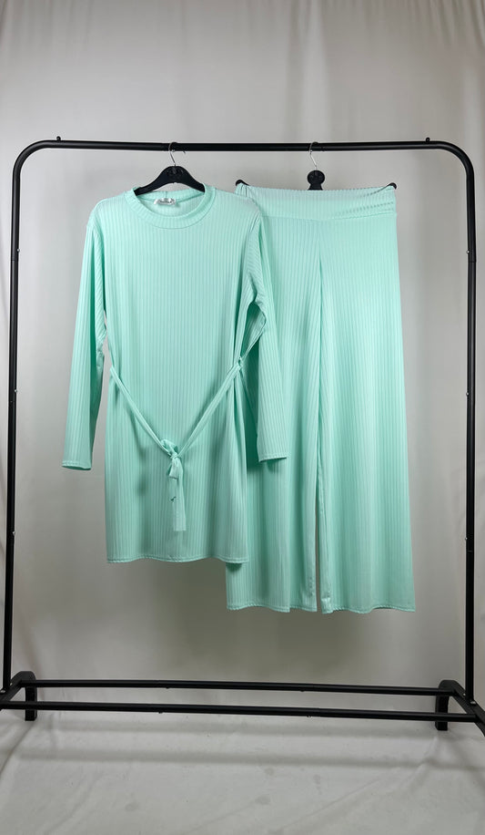 BLUE RIBBED LONG SLEEVE BELTED CO ORD SET