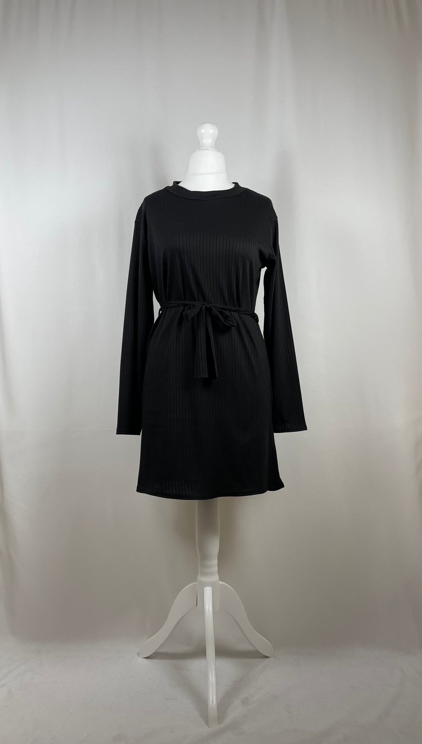 BLACK RIBBED LONG SLEEVE BELTED CO ORD SET