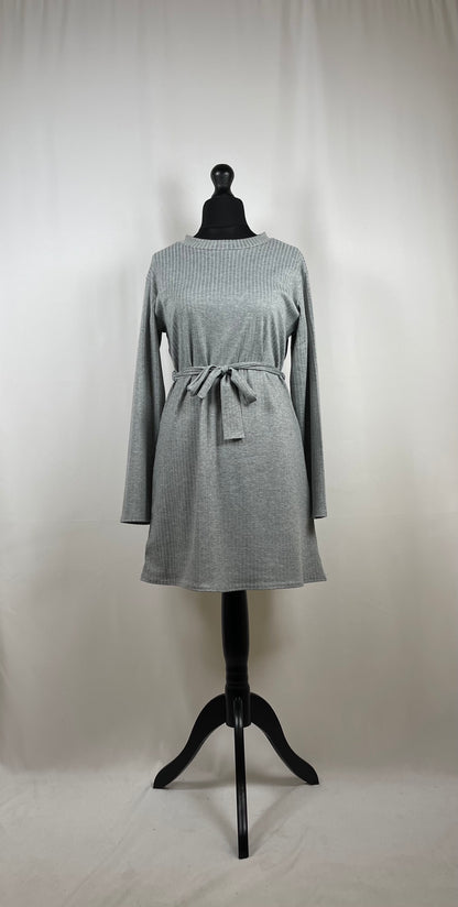 GREY RIBBED LONG SLEEVE BELTED CO ORD SET