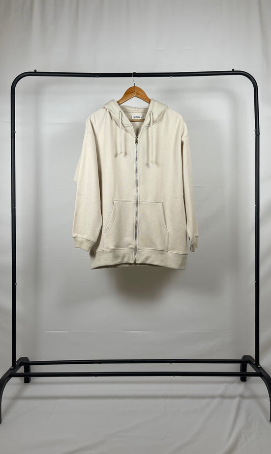 CREAM BASIC DROP SHOULDER ZIP-UP HOODIE
