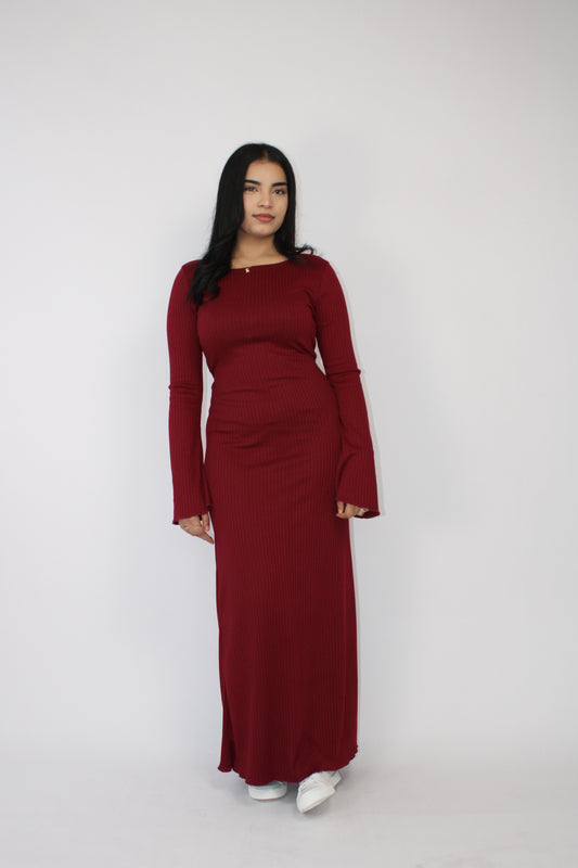 WINE RIBBED LONG SLEEVE MAXI DRESS