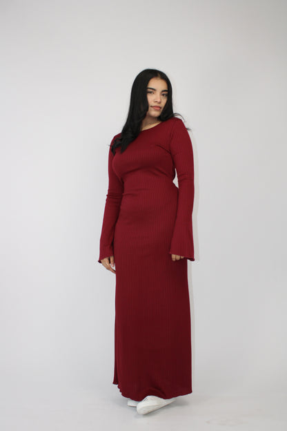 WINE RIBBED LONG SLEEVE MAXI DRESS