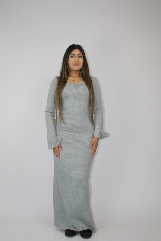 LIGHT GREY RIBBED LONG SLEEVE MAXI DRESS