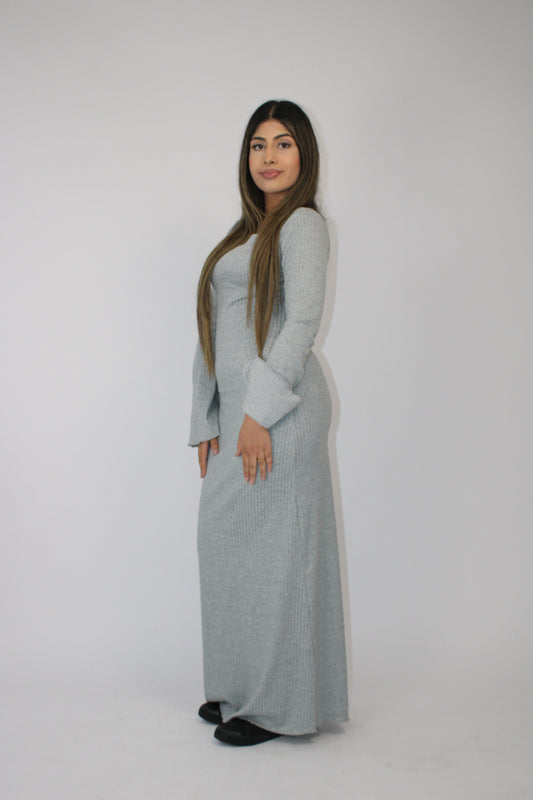 LIGHT GREY RIBBED LONG SLEEVE MAXI DRESS
