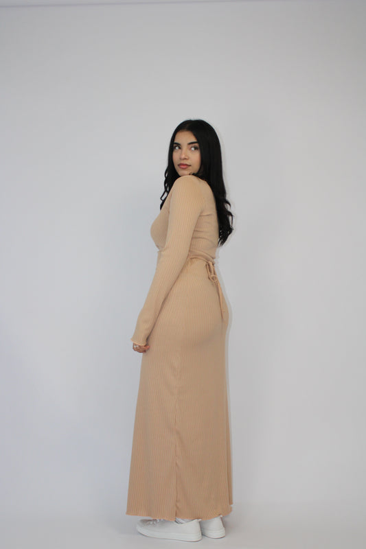 CAMEL GREY RIBBED LONG SLEEVE MAXI DRESS