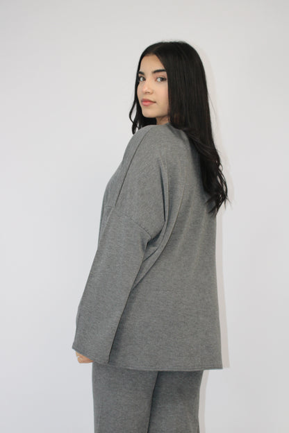 DARK GREY MARL BASIC LONG SLEEVE OVERSIZED TOP