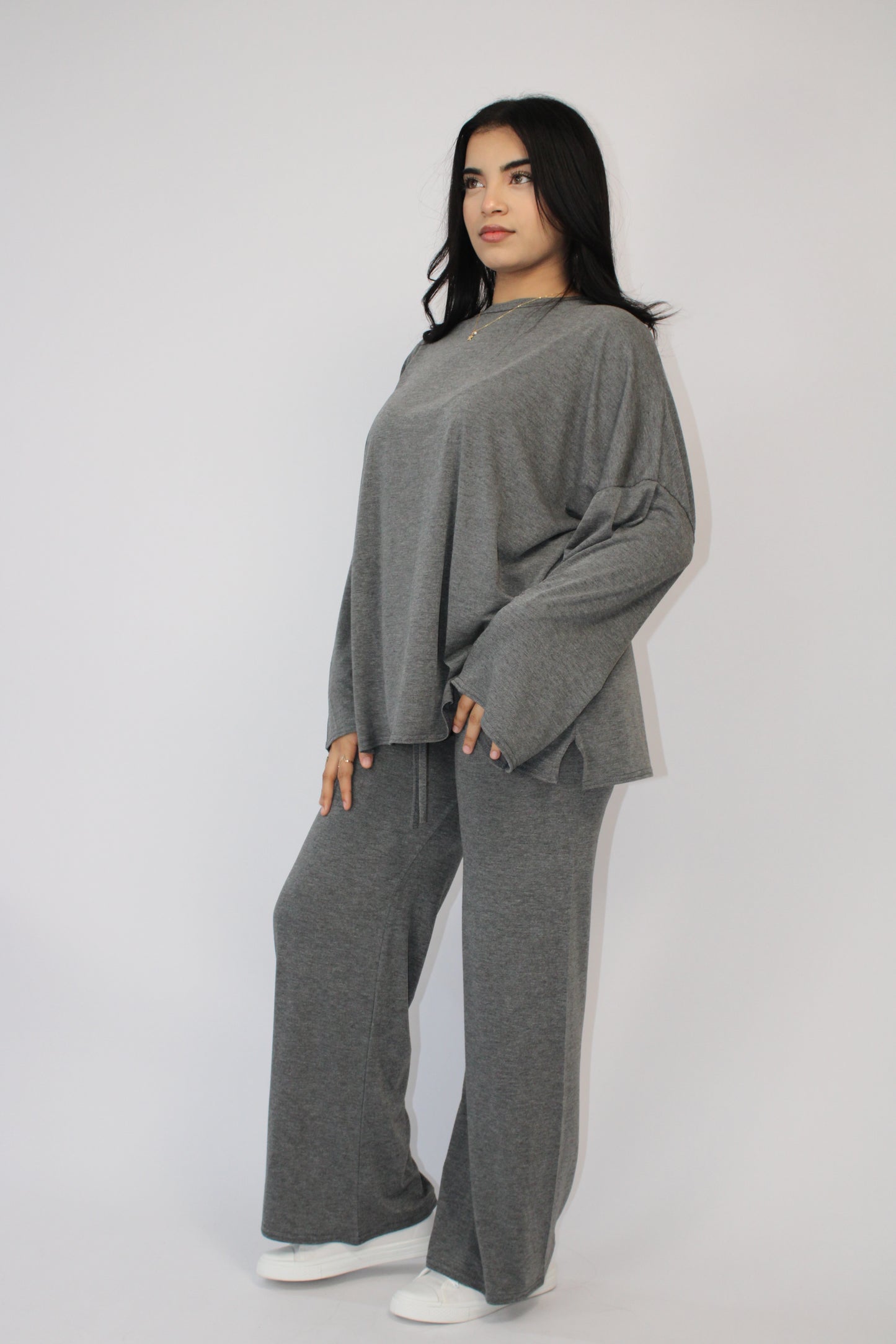 DARK GREY MARL BASIC LONG SLEEVE OVERSIZED TOP