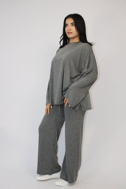 DARK GREY MARL BASIC LONG SLEEVE OVERSIZED TOP