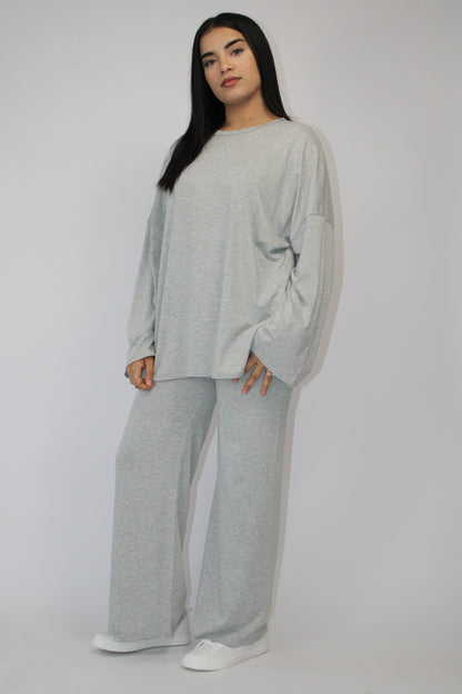 LIGHT GREY MARL BASIC LONG SLEEVE OVERSIZED TOP