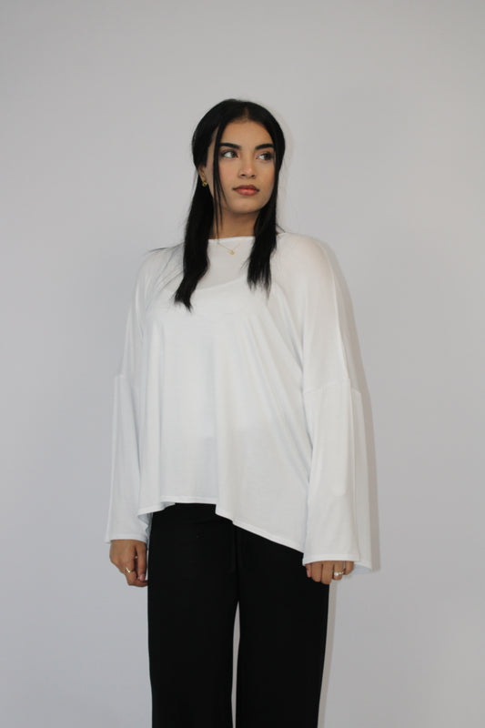WHITE BASIC LONG SLEEVE OVERSIZED TOP