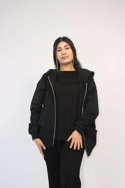 BLACK BASIC DROP SHOULDER ZIP-UP HOODIE