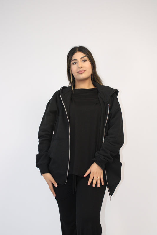 BLACK BASIC DROP SHOULDER ZIP-UP HOODIE