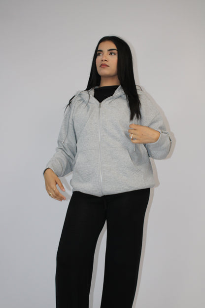 LIGHT GREY BASIC DROP SHOULDER ZIP-UP HOODIE