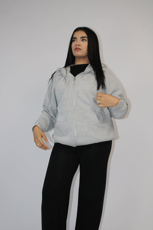 LIGHT GREY BASIC DROP SHOULDER ZIP-UP HOODIE