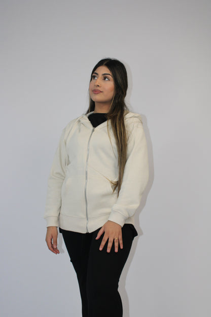 CREAM BASIC DROP SHOULDER ZIP-UP HOODIE