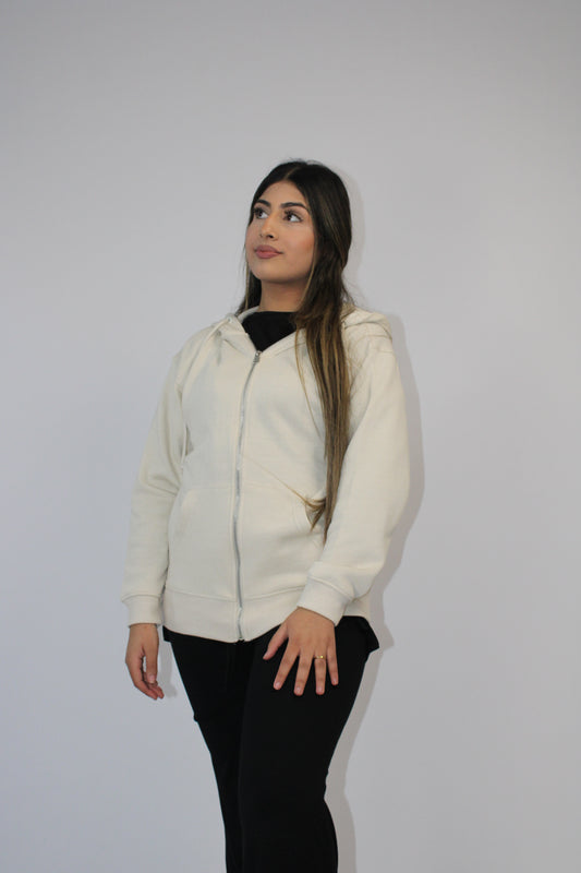 CREAM BASIC DROP SHOULDER ZIP-UP HOODIE