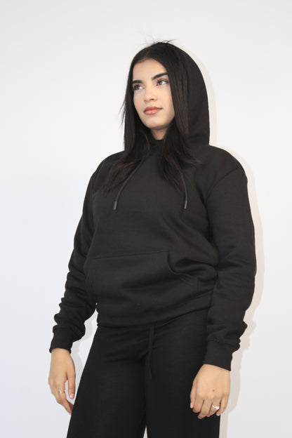 BLACK PLAIN BASIC DRAWSTRING HOODIE