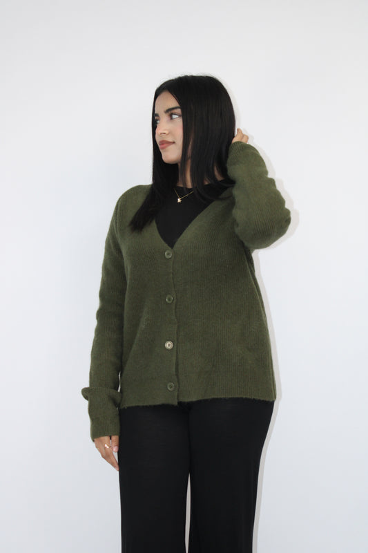 KHAKI SOFT KNIT BUTTON CARDIGAN