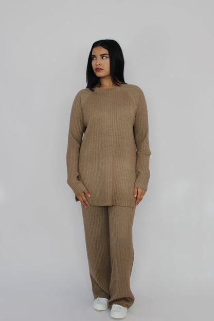 TAUPE RIBBED KNITTED CO ORD SET