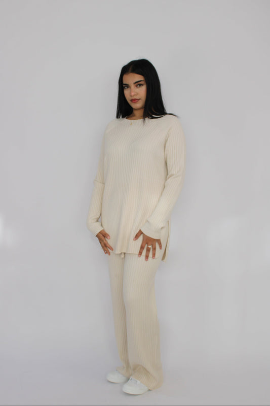 CREAM RIBBED KNITTED CO ORD SET