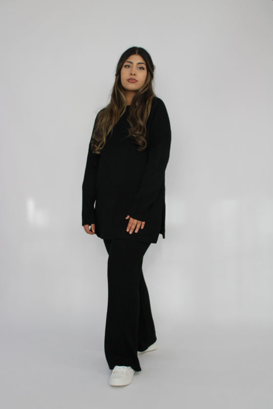 BLACK RIBBED KNITTED CO ORD SET
