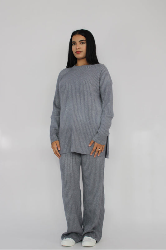 GREY RIBBED KNITTED CO ORD SET