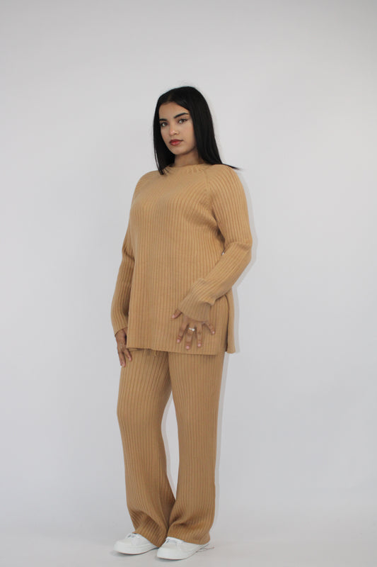 CAMEL RIBBED KNITTED CO ORD SET