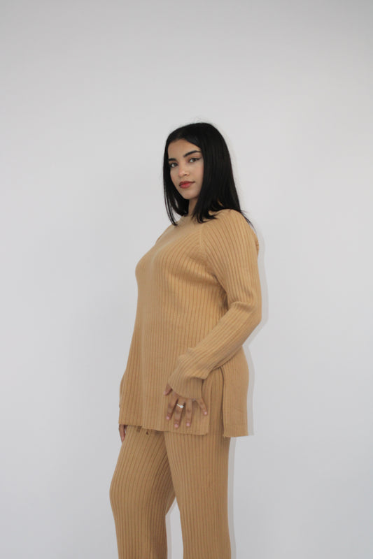 CAMEL RIBBED KNITTED CO ORD SET