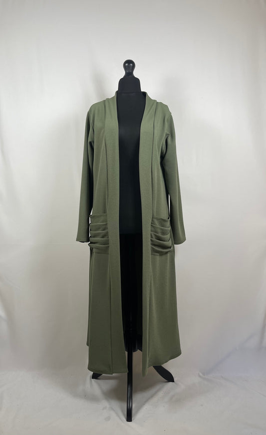 KHAKI LONG SLEEVE PLEATED POCKET CARDIGAN