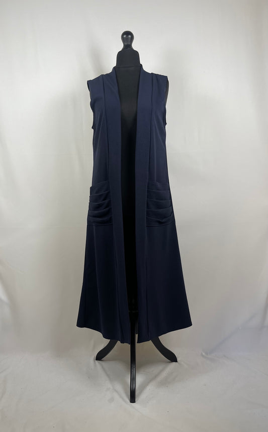 NAVY SLEEVELESS PLEATED POCKET LONG CARDIGAN